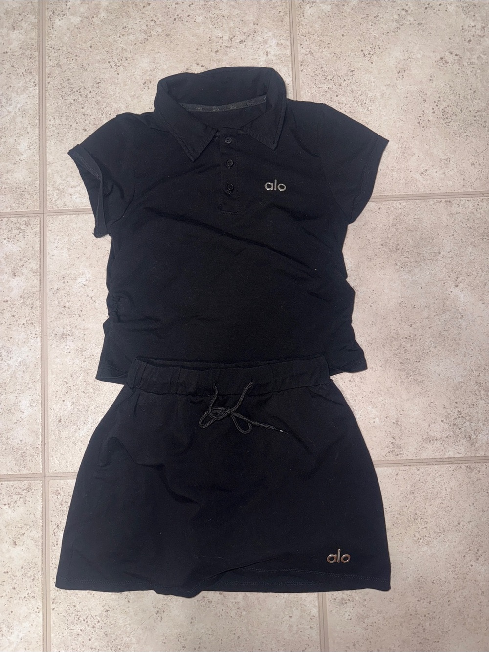 ALO Yoga Black Polo Crop Top with Matching Skirt